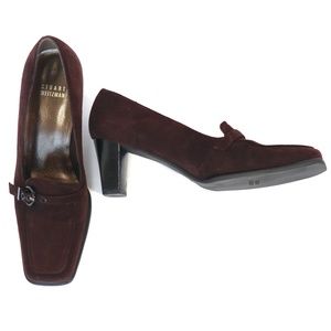 Mid-heel brown suede square toe, closed toe pumps